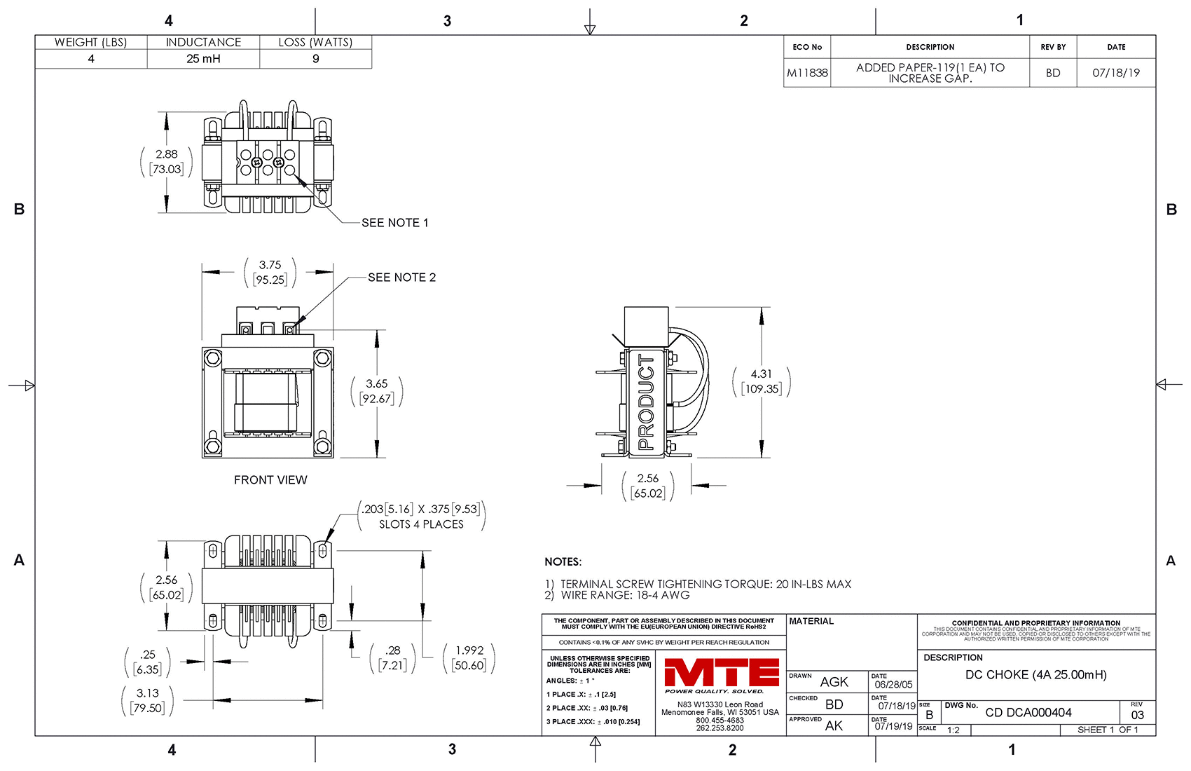 MTE 直流链路扼流圈 DCA000404 图纸
