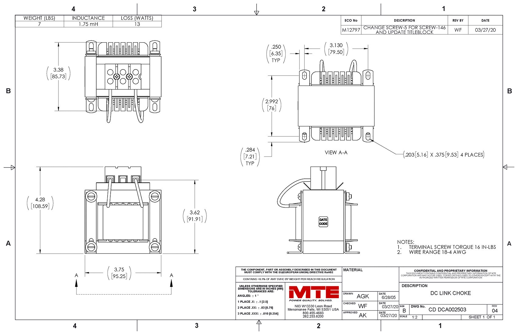 MTE 直流链路扼流圈 DCA002503 图纸