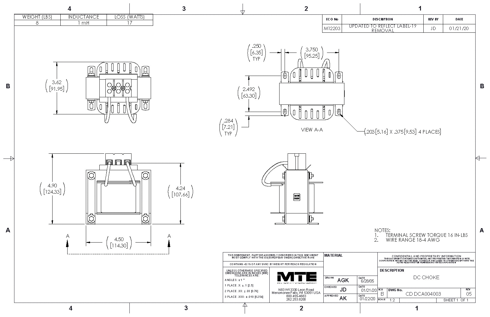 Drawings of MTE DC Link Choke DCA004003