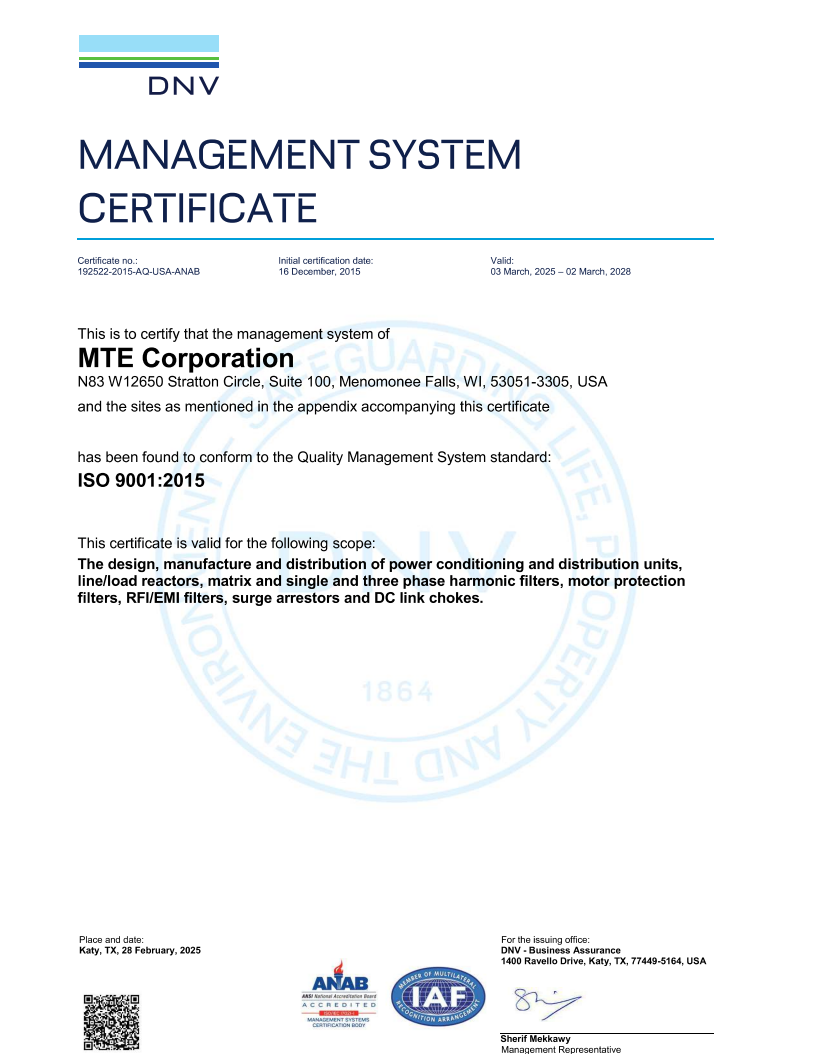 SL Power and TEAL ISO 9001:2008 DNV certificate for Xianghe, China facility