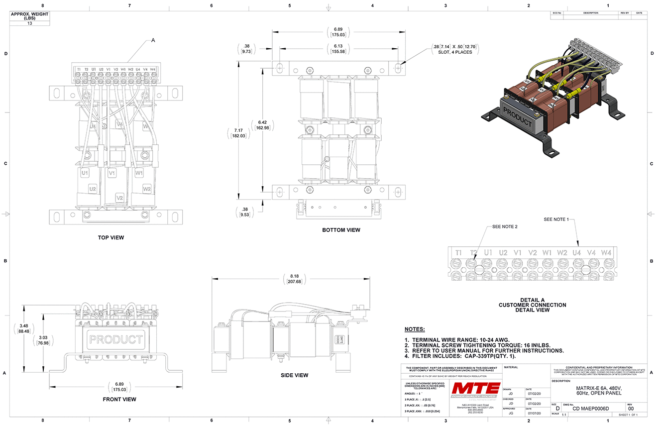 MTE 矩阵 E 系列滤波器 MAEP0006D 图纸 | 480V | 6 安培 | 60赫兹 | 打开面板