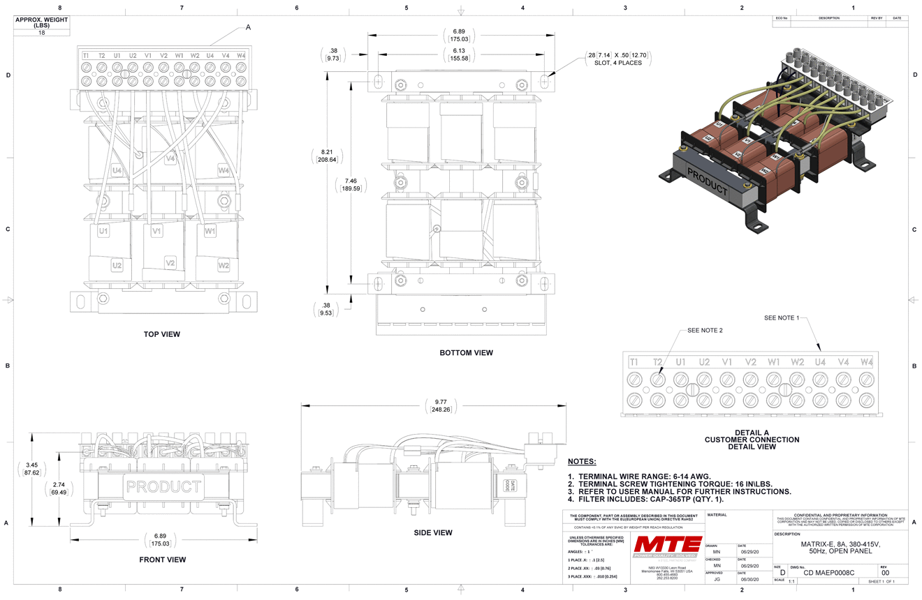 Dibujos del filtro MTE Matrix E-Series MAEP0008C | 380V_415V | 8 amperios | 50 Hz | Panel abierto