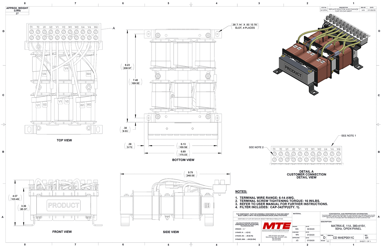 Dibujos del filtro MTE Matrix E-Series MAEP0011C | 380V_415V | 11 amperios | 50 Hz | Panel abierto