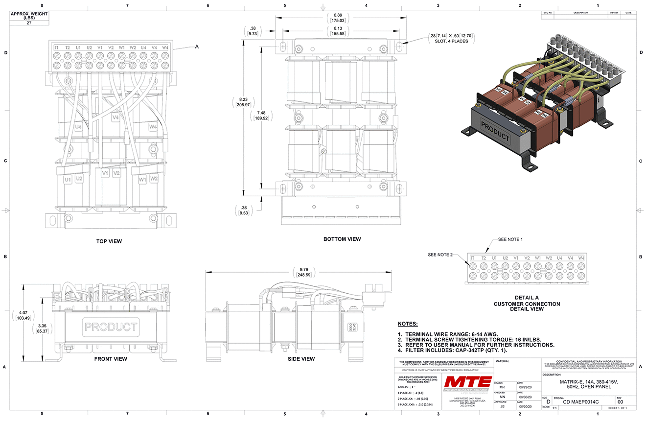 Drawings of MTE Matrix E-Series Filter MAEP0014C | 380V_415V | 14 Amp | 50HZ | Open Panel