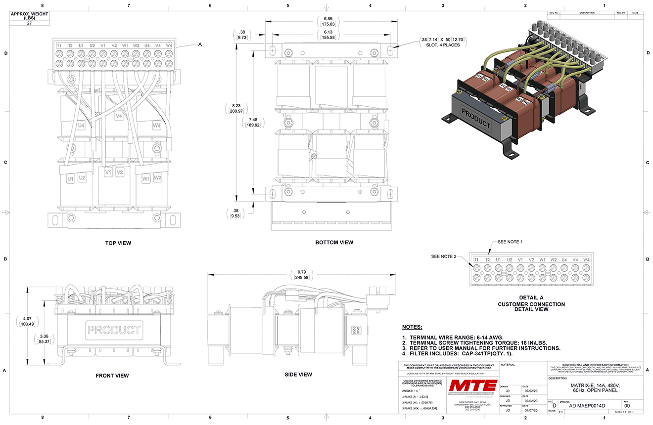 Dessins du filtre MTE Matrix E-Series MAEP0014D | 480 V | 14 A | 60 Hz | Panneau ouvert