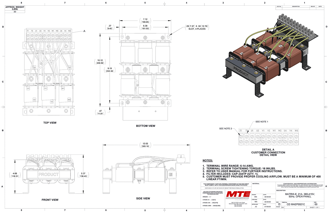 Drawings of MTE Matrix E-Series Filter MAEP0021C | 380V_415V | 21 Amp | 50HZ | Open Panel