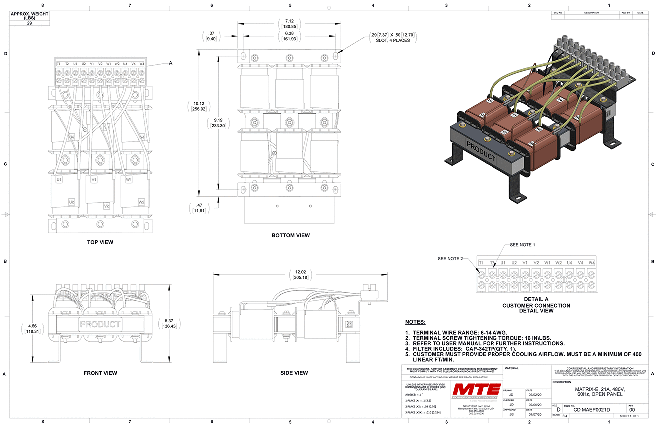 Dibujos del filtro MTE Matrix E-Series MAEP0021D | 480V | 21 amperios | 60 Hz | Panel abierto