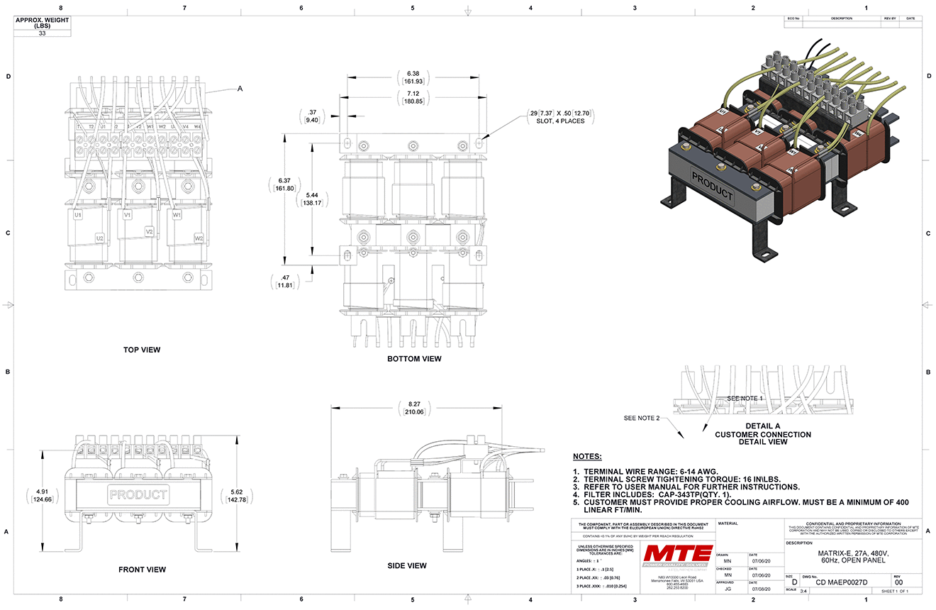 Dessins du filtre MTE Matrix E-Series MAEP0027D | 480 V | 27 A | 60 Hz | Panneau ouvert