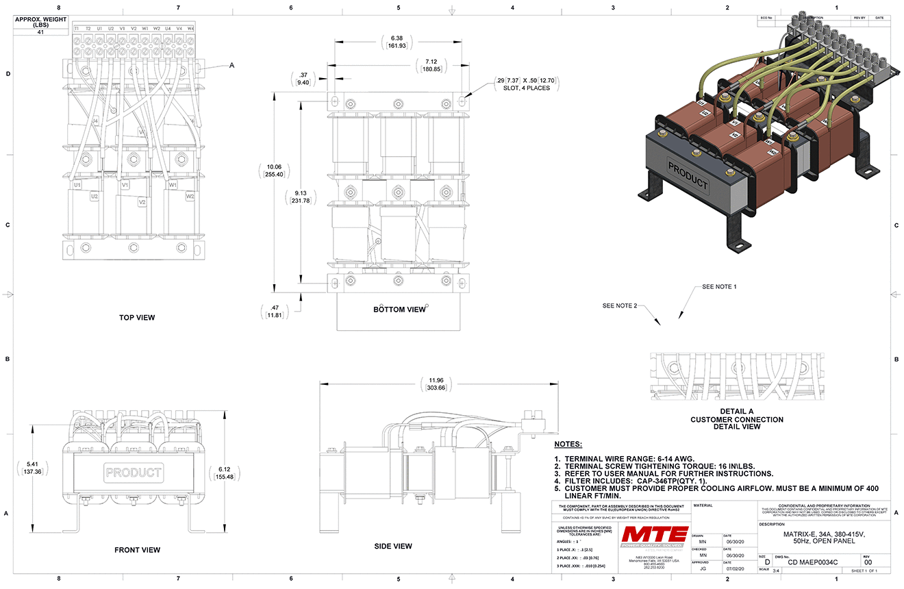 Drawings of MTE Matrix E-Series Filter MAEP0034C | 380V_415V | 34 Amp | 50HZ | Open Panel