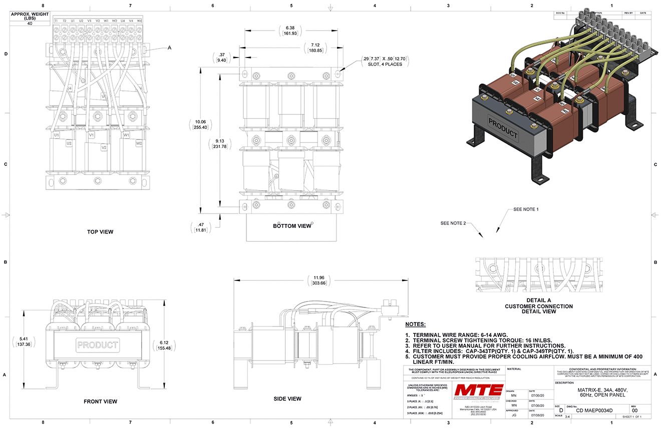 Dibujos del filtro MTE Matrix E-Series MAEP0034D | 480V | 34 amperios | 60 Hz | Panel abierto