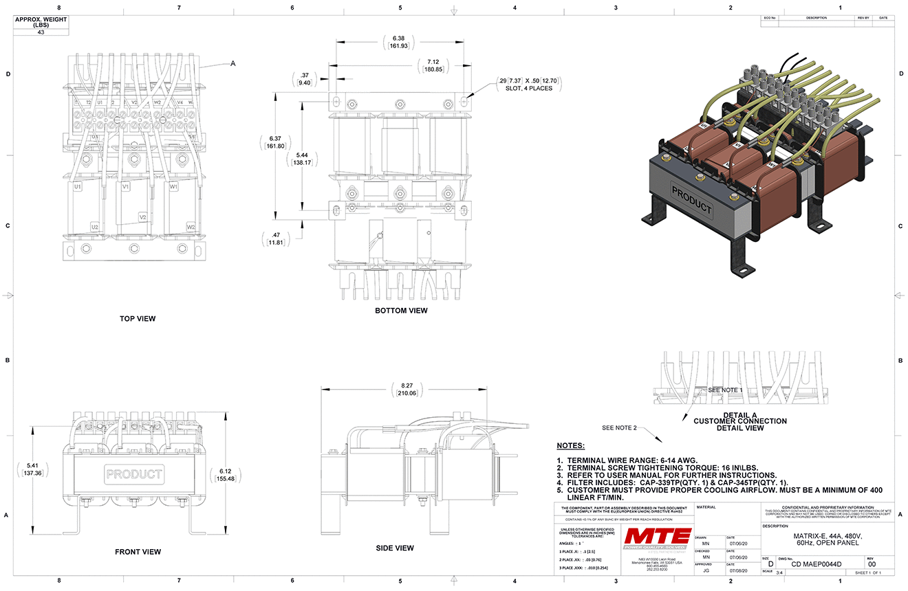 Dessins du filtre MTE Matrix E-Series MAEP0044D | 480 V | 44 A | 60 Hz | Panneau ouvert