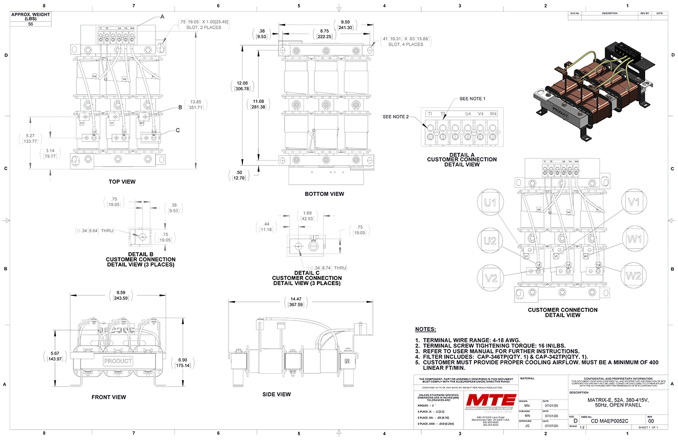 Drawings of MTE Matrix E-Series Filter MAEP0052C | 380V_415V | 52 Amp | 50HZ | Open Panel