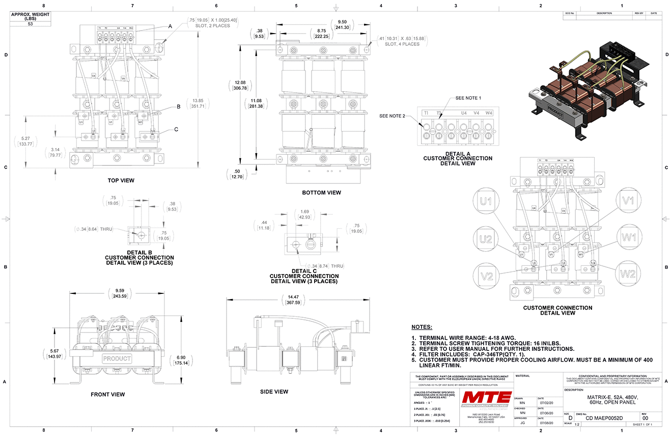 Drawings of MTE Matrix E-Series Filter MAEP0052D | 480V | 52 Amp | 60HZ | Open Panel