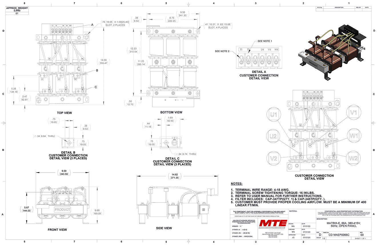 MTE Matrix E 系列滤波器 MAEP0066C 图纸 | 380V_415V | 66 安培 | 50赫兹| 打开面板