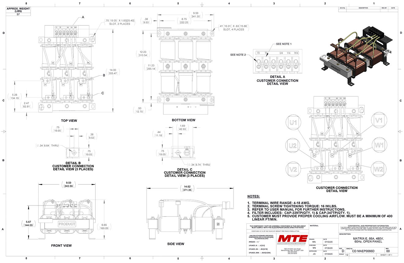 Dibujos del filtro MTE Matrix E-Series MAEP0066D | 480V | 66 amperios | 60 Hz | Panel abierto