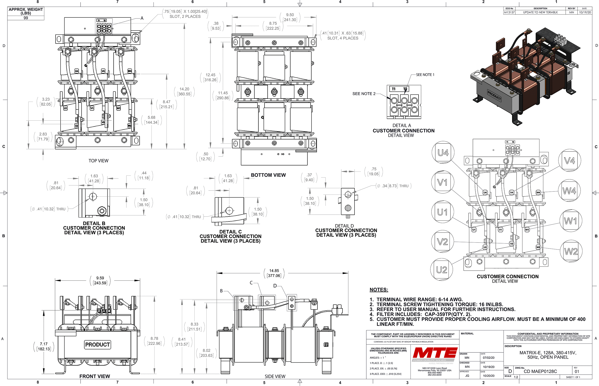 Drawings of MTE Matrix E-Series Filter MAEP0128C | 380V_415V | 128 Amp | 50HZ | Open Panel