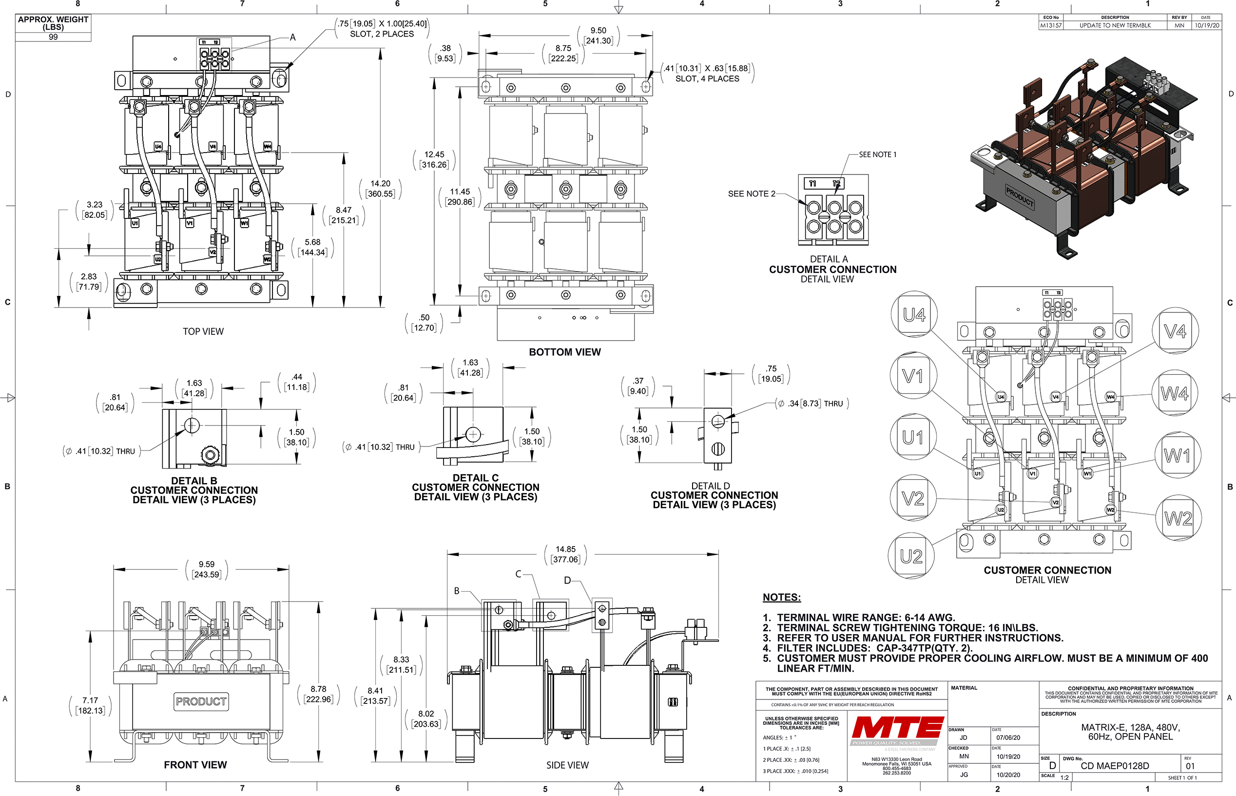 Dibujos del filtro MTE Matrix E-Series MAEP0128D | 480V | 128 amperios | 60 Hz | Panel abierto