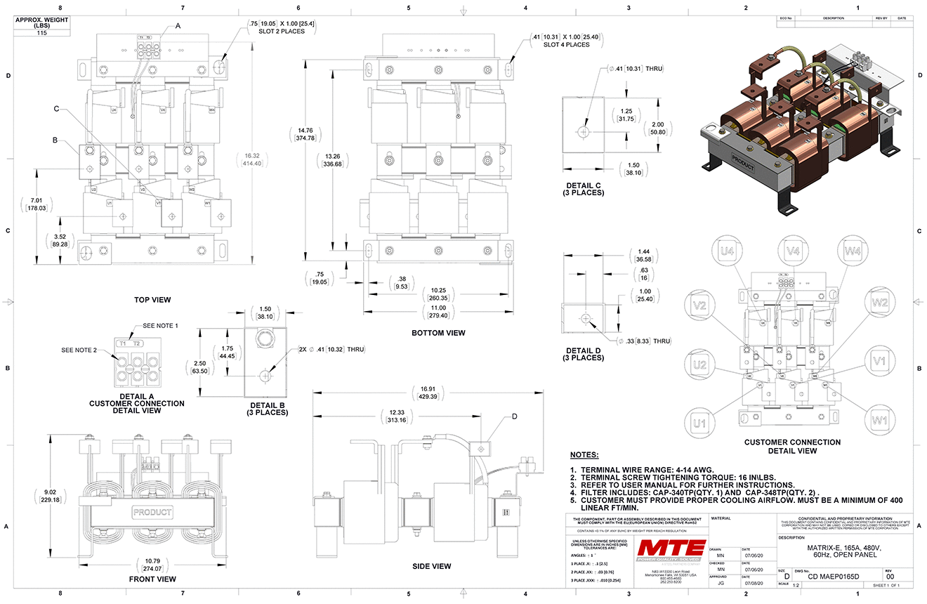 Drawings of MTE Matrix E-Series Filter MAEP0165D | 480V | 165 Amp | 60HZ | Open Panel