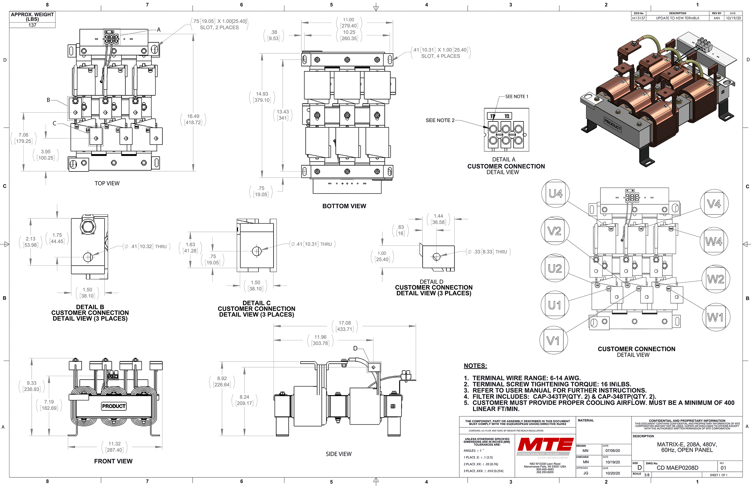 Dibujos del filtro MTE Matrix E-Series MAEP0208D | 480V | 208 amperios | 60 Hz | Panel abierto