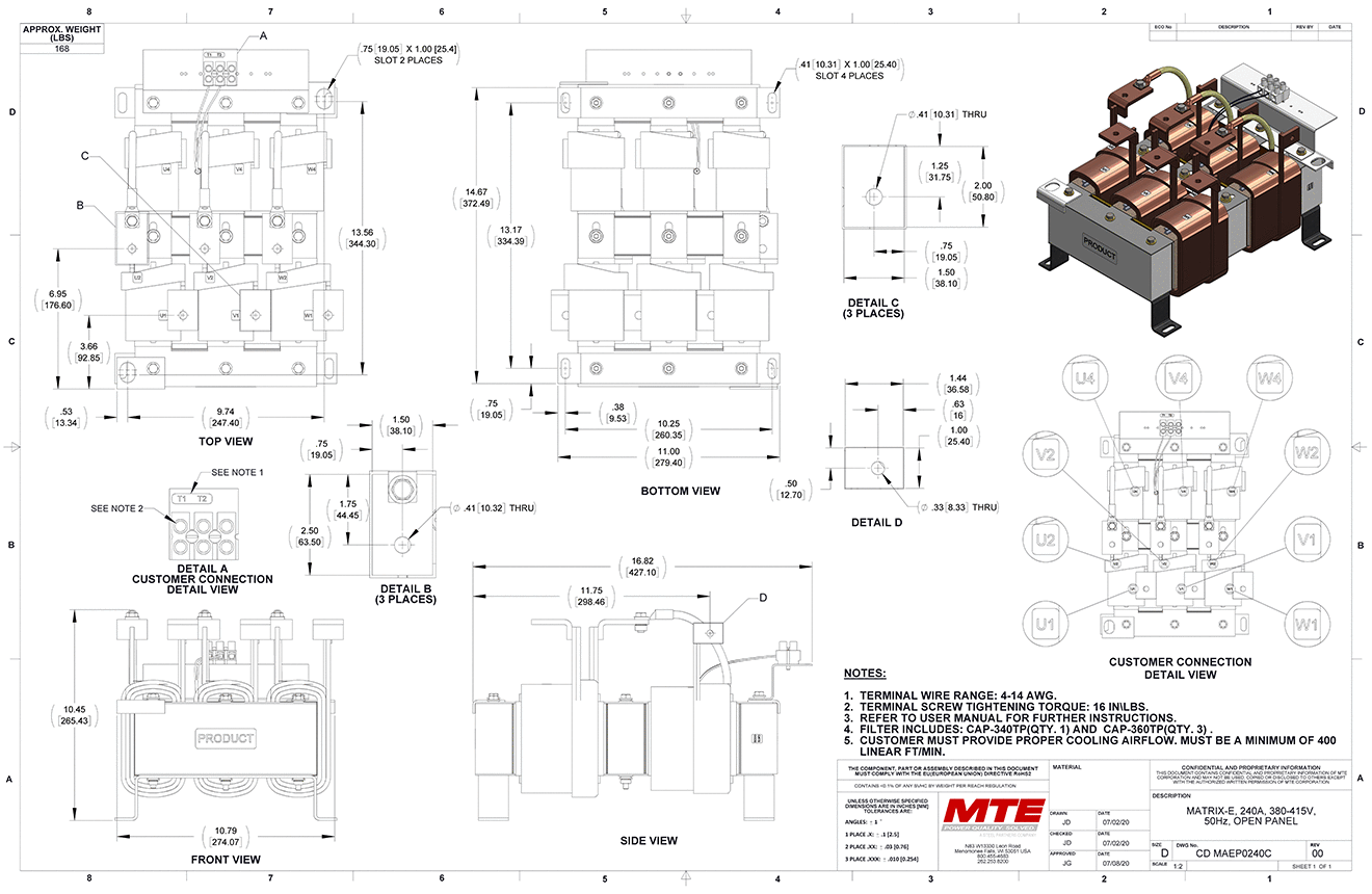 Dibujos del filtro MTE Matrix E-Series MAEP0240C | 380V_415V | 240 amperios | 50 Hz | Panel abierto