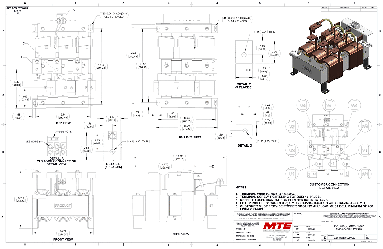 Dibujos del filtro MTE Matrix E-Series MAEP0240D | 480V | 240 amperios | 60 Hz | Panel abierto
