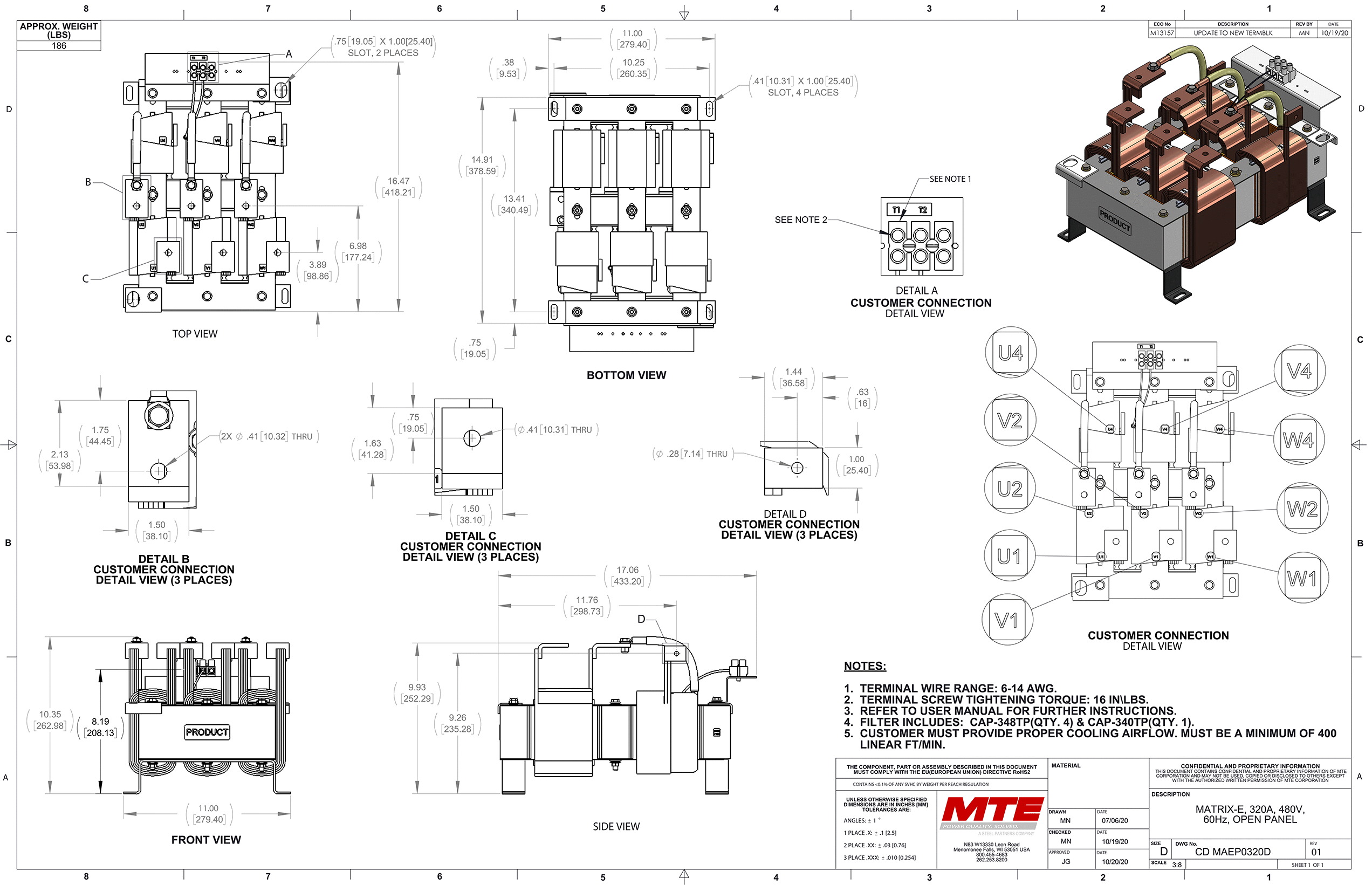 Dibujos del filtro MTE Matrix E-Series MAEP0320D | 480V | 320 amperios | 60 Hz | Panel abierto