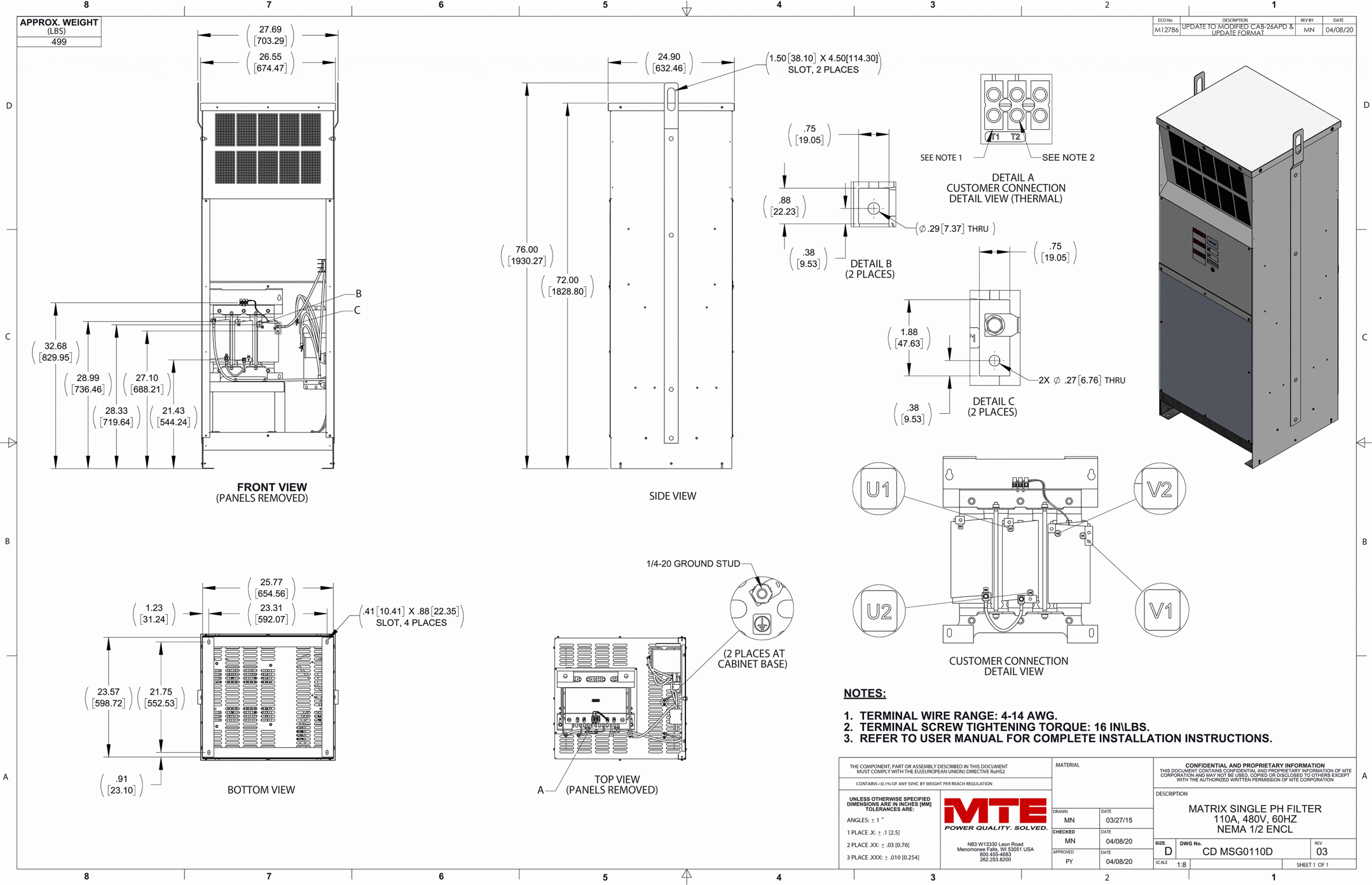 Drawings of MTE Matrix ONE Filter MSG0110D | 480V | 110 Amp | 60HZ | NEMA 1_2