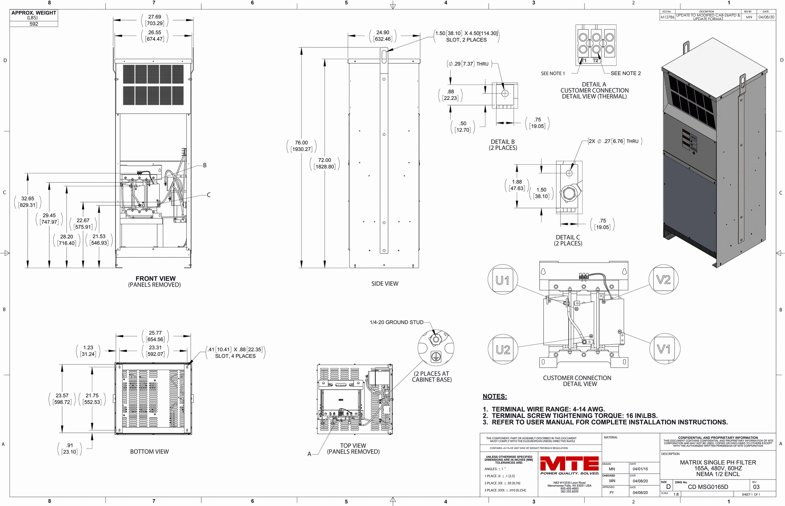 Drawings of MTE Matrix ONE Filter MSG0165D | 480V | 165 Amp | 60HZ | NEMA 1_2