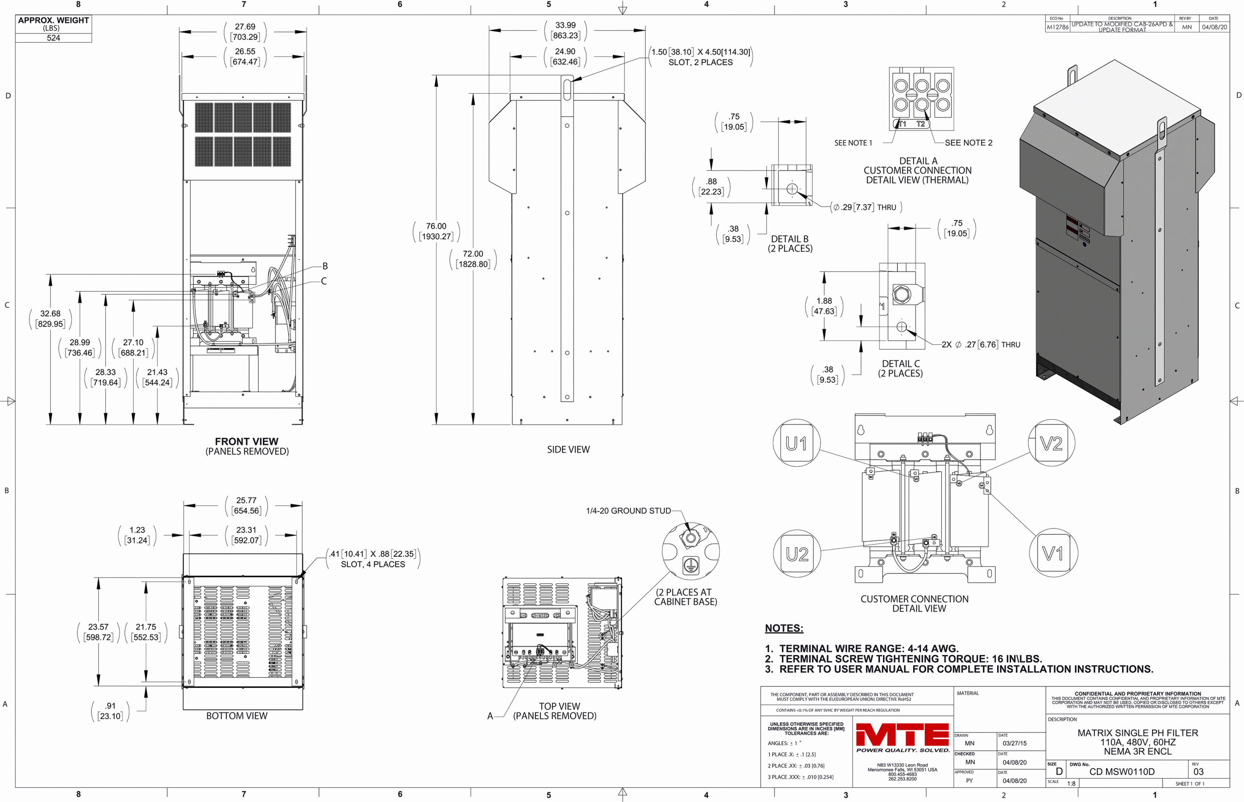 Drawings of MTE Matrix ONE Filter MSW0110D | 480V | 110 Amp | 60HZ | NEMA 3R