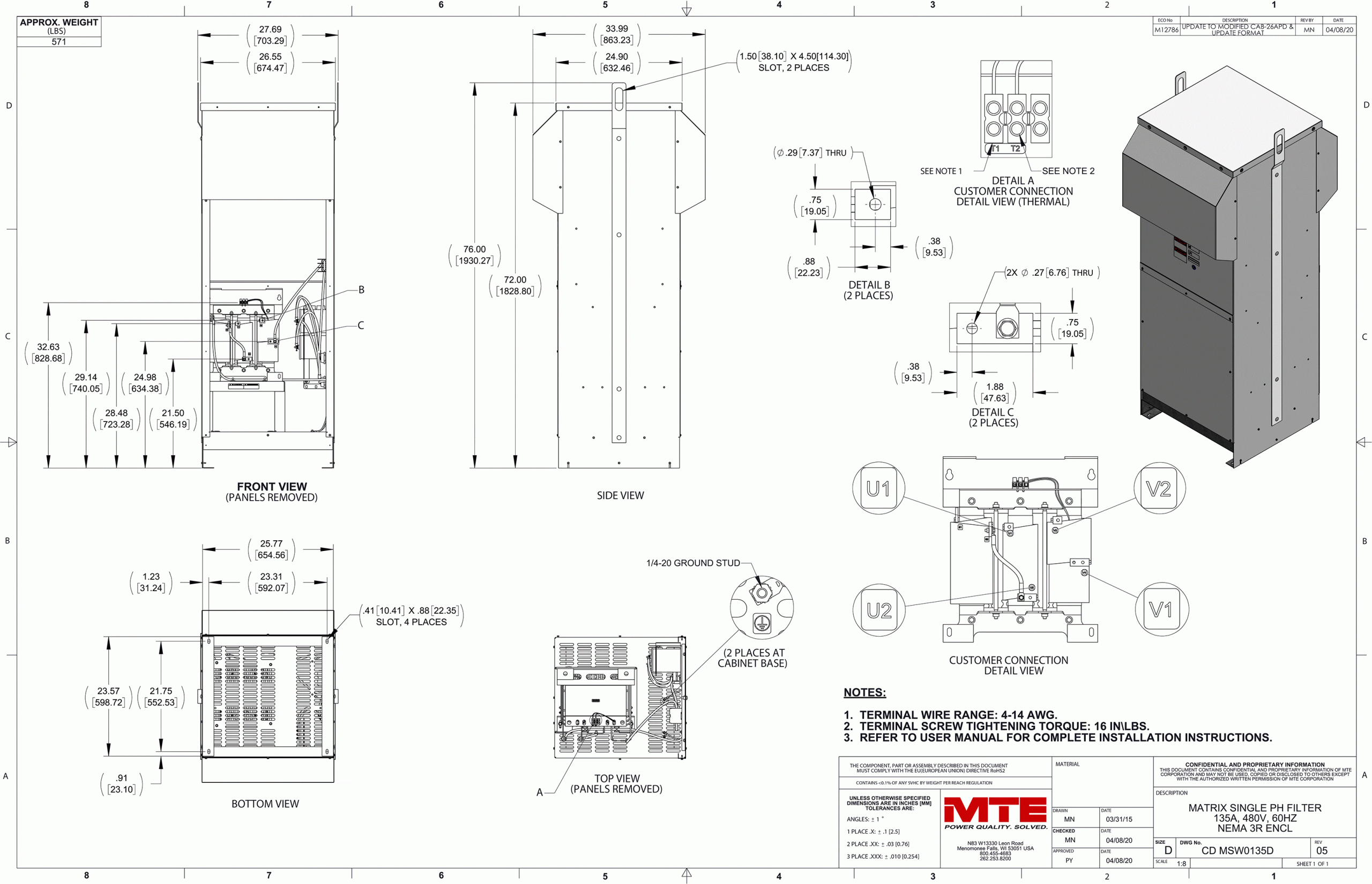 Drawings of MTE Matrix ONE Filter MSW0135D | 480V | 135 Amp | 60HZ | NEMA 3R