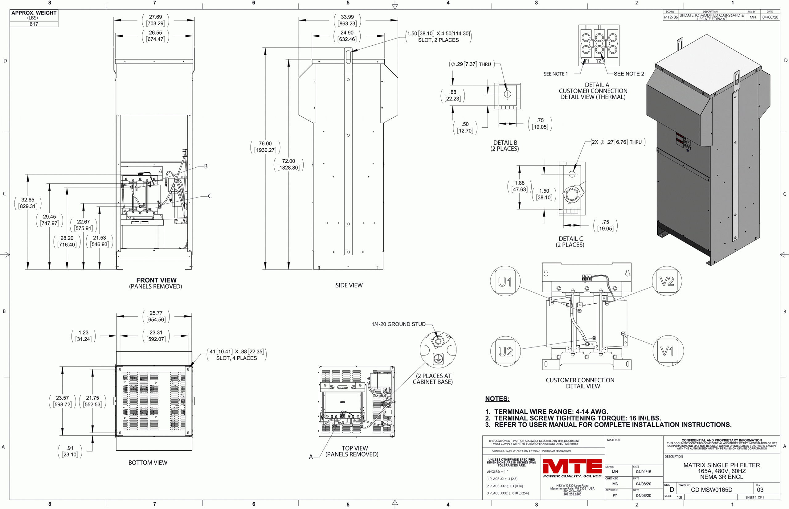 Drawings of MTE Matrix ONE Filter MSW0165D | 480V | 165 Amp | 60HZ | NEMA 3R