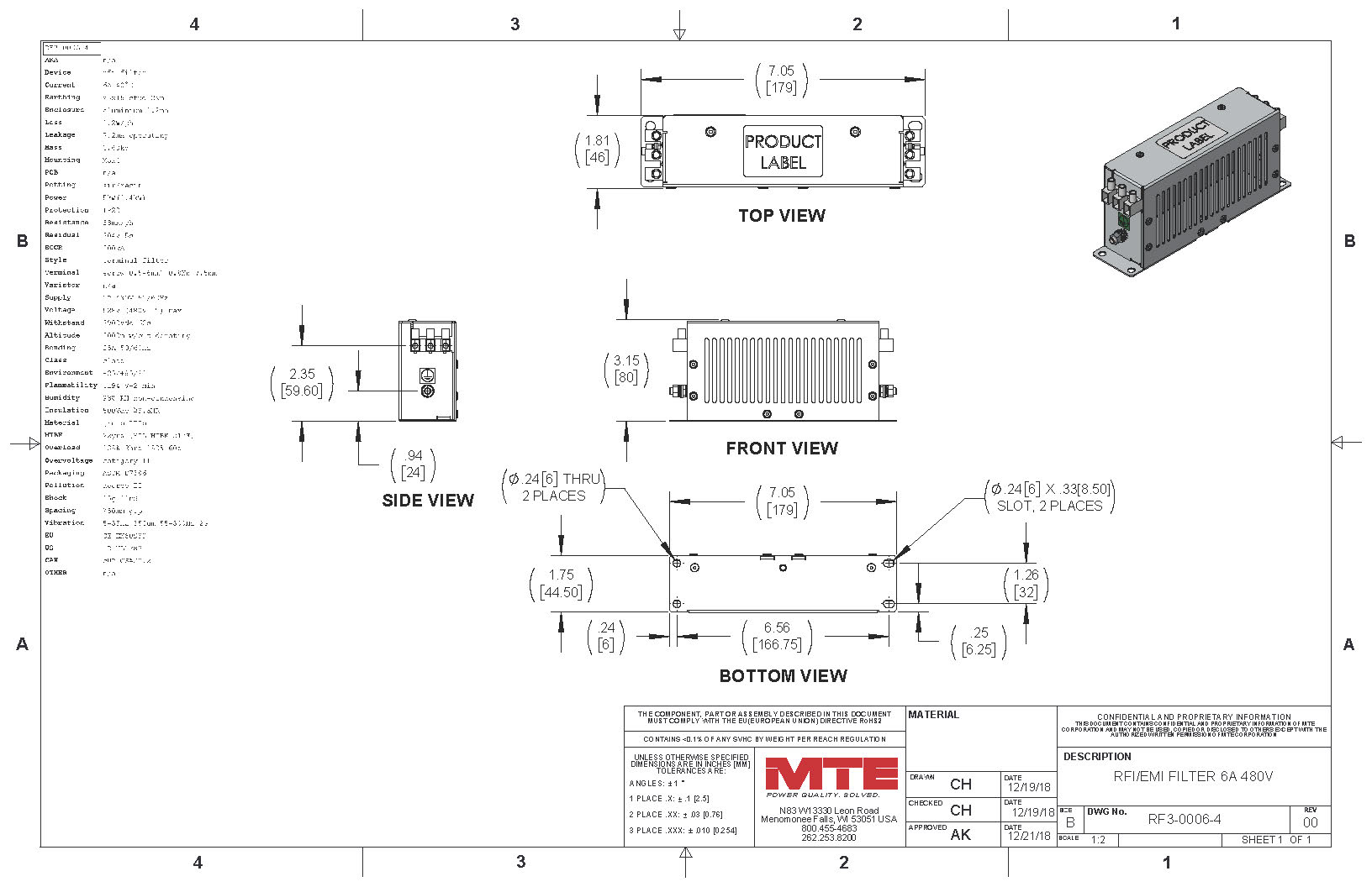 Image of an MTE EMI/RFI Filter RF3-0006-4