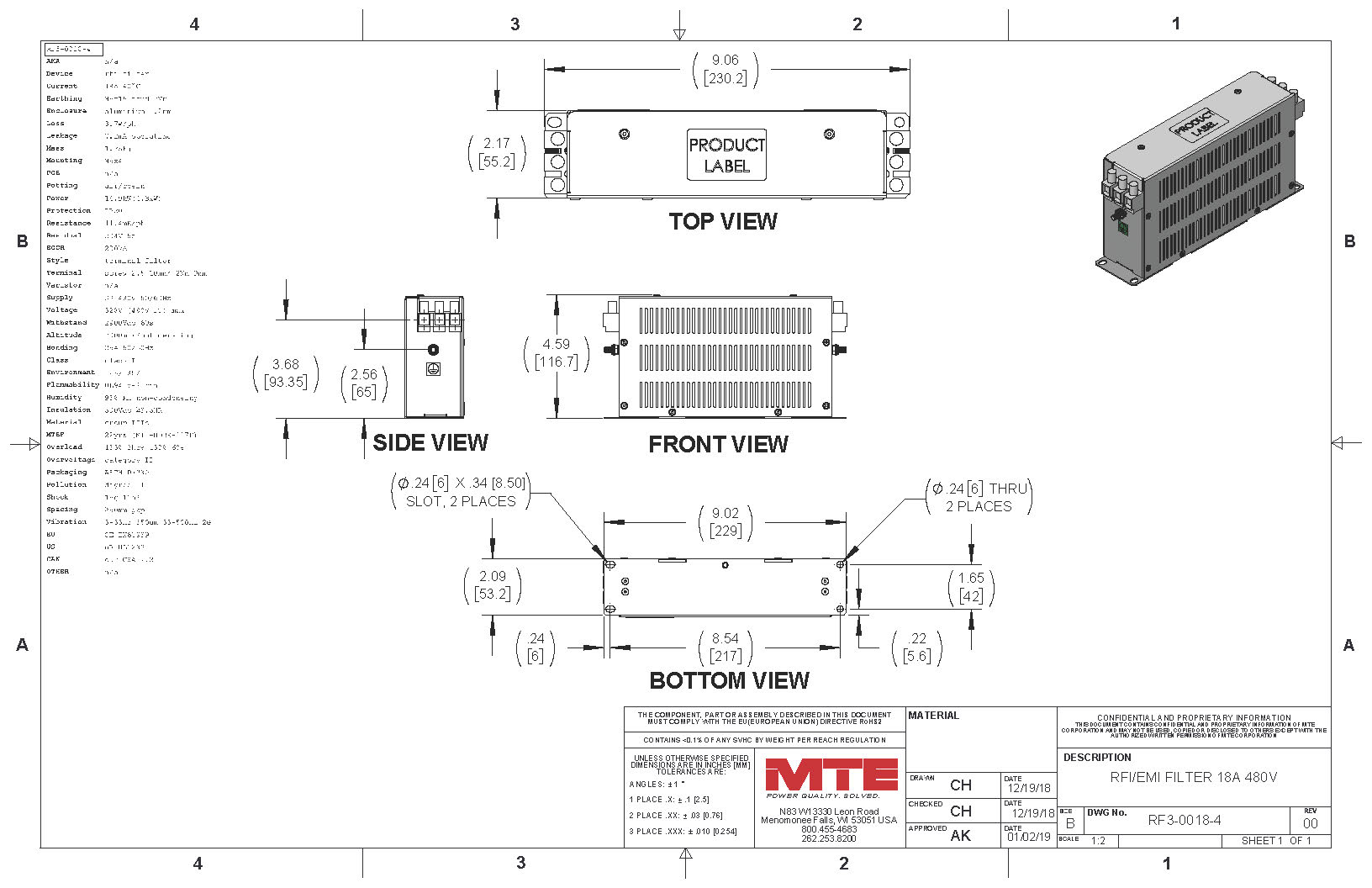 Image of an MTE EMI/RFI Filter RF3-0018-4