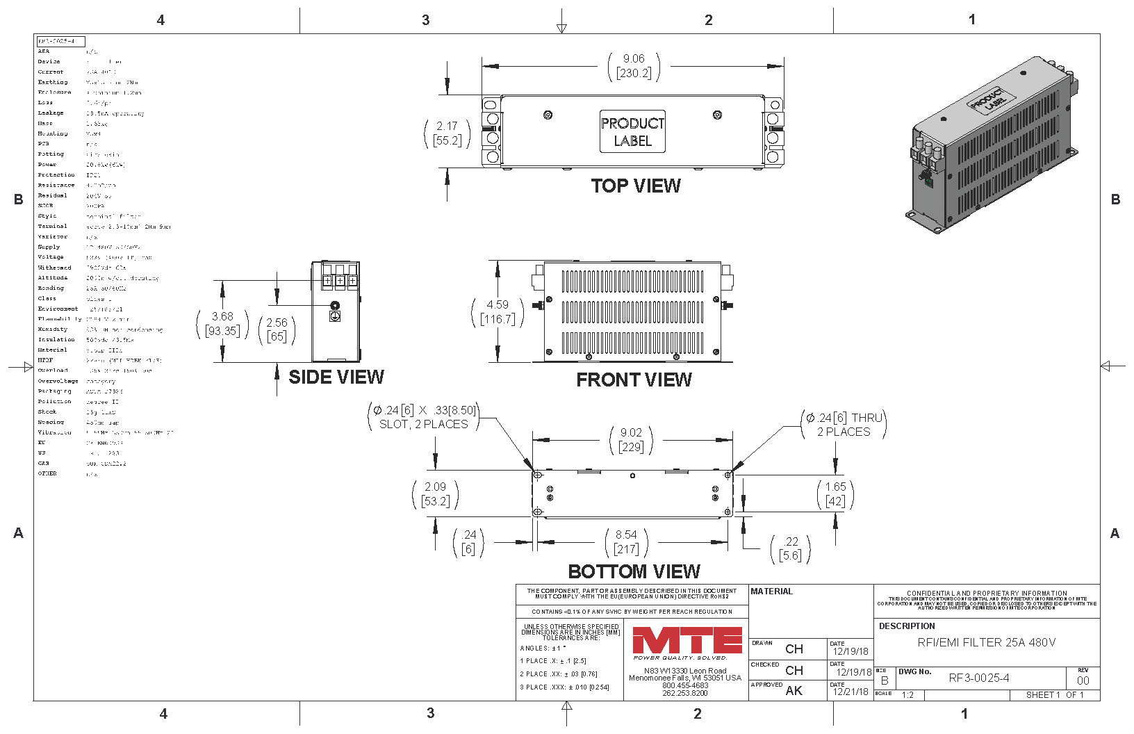 Image of an MTE EMI/RFI Filter RF3-0025-4