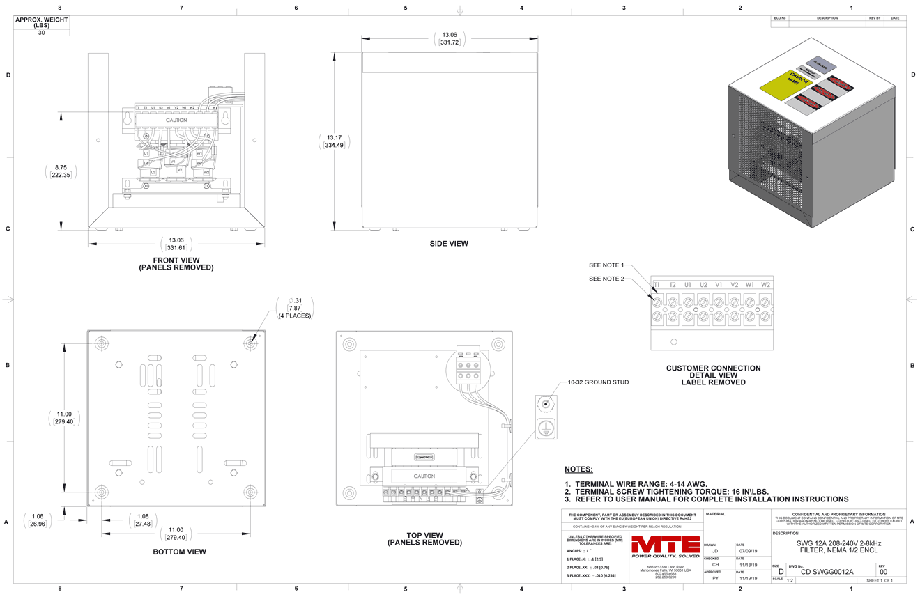 Drawings of MTE SineWave Guardian Filter SWGG0012A | 208V_240V | 12 Amp | 60HZ | NEMA 1_2