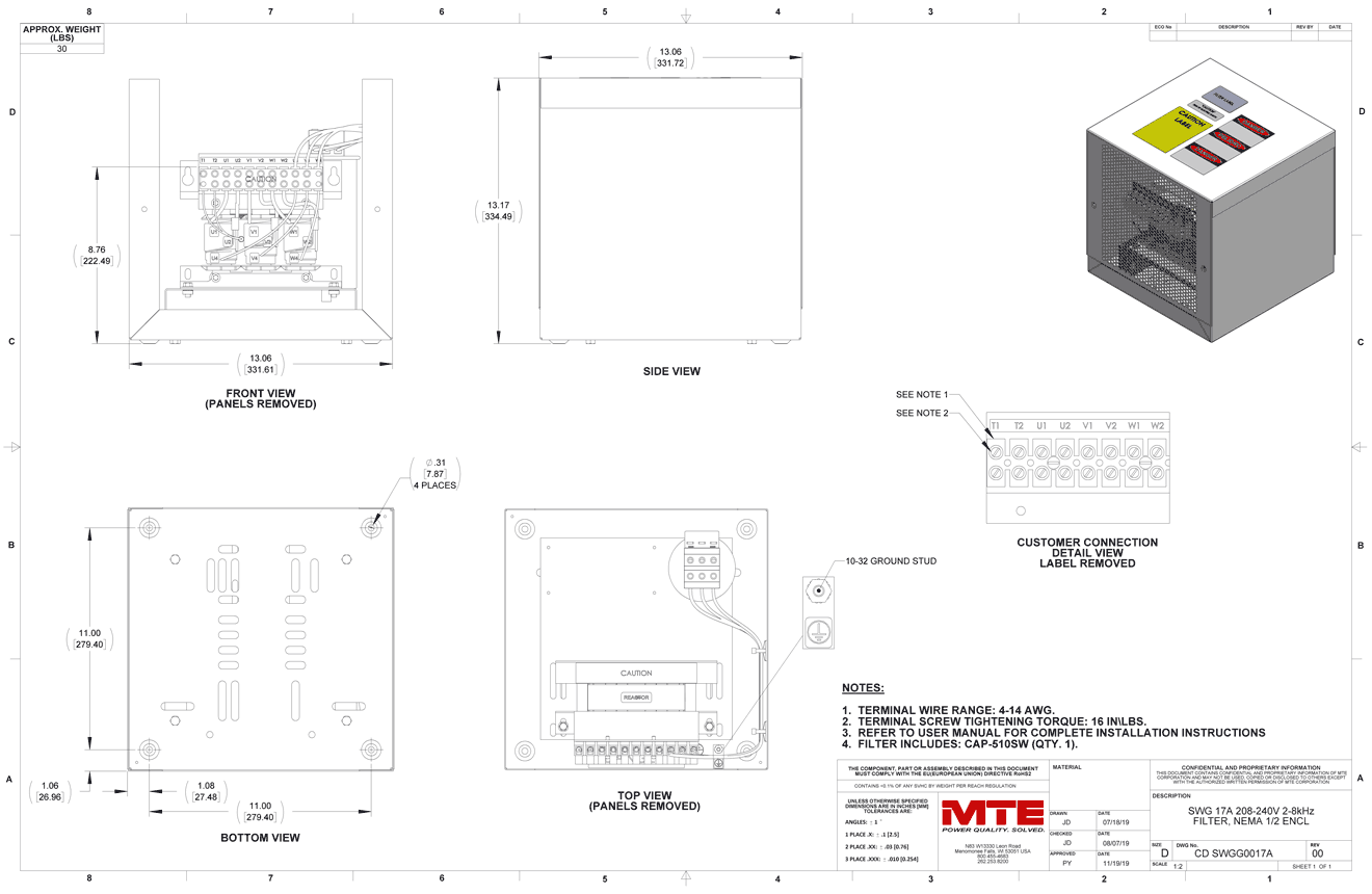 Drawings of MTE SineWave Guardian Filter SWGG0017A | 208V_240V | 17 Amp | 60HZ | NEMA 1_2