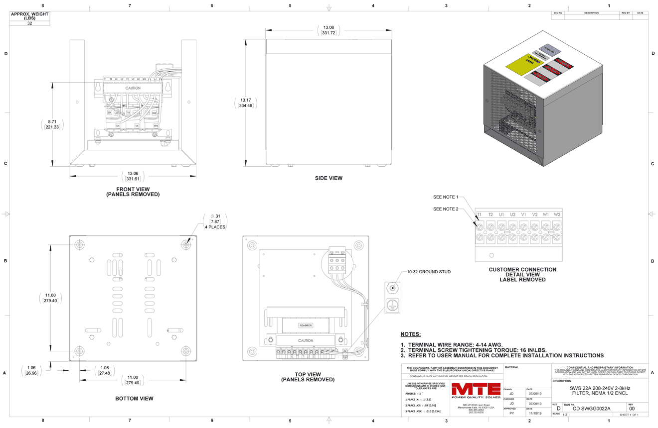 Drawings of MTE SineWave Guardian Filter SWGG0022A | 208V_240V | 22 Amp | 60HZ | NEMA 1_2