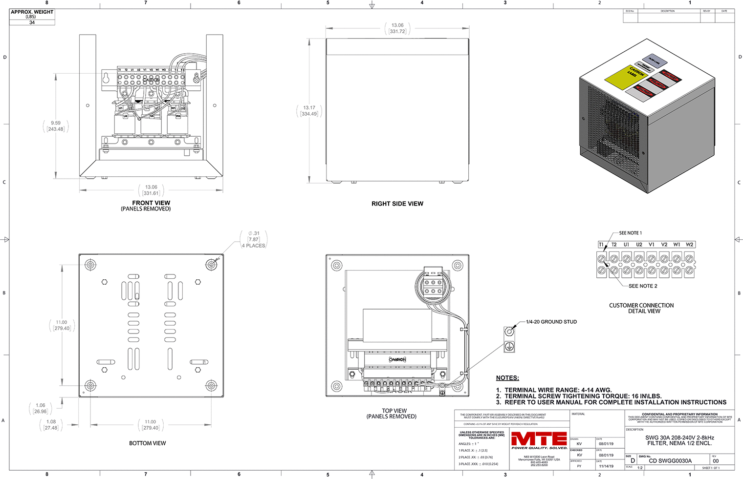 Drawings of MTE SineWave Guardian Filter SWGG0030A | 208V_240V | 30 Amp | 60HZ | NEMA 1_2