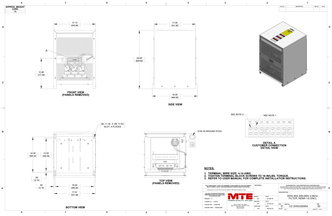 Drawings of MTE SineWave Guardian Filter SWGG0045A | 208V_240V | 45 Amp | 60HZ | NEMA 1_2
