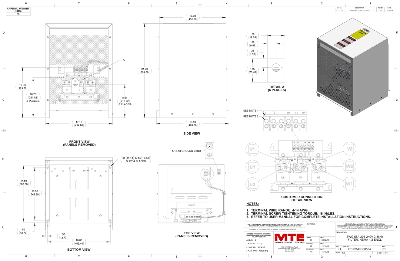 Drawings of MTE SineWave Guardian Filter SWGG0055A | 208V_240V | 55 Amp | 60HZ | NEMA 1_2
