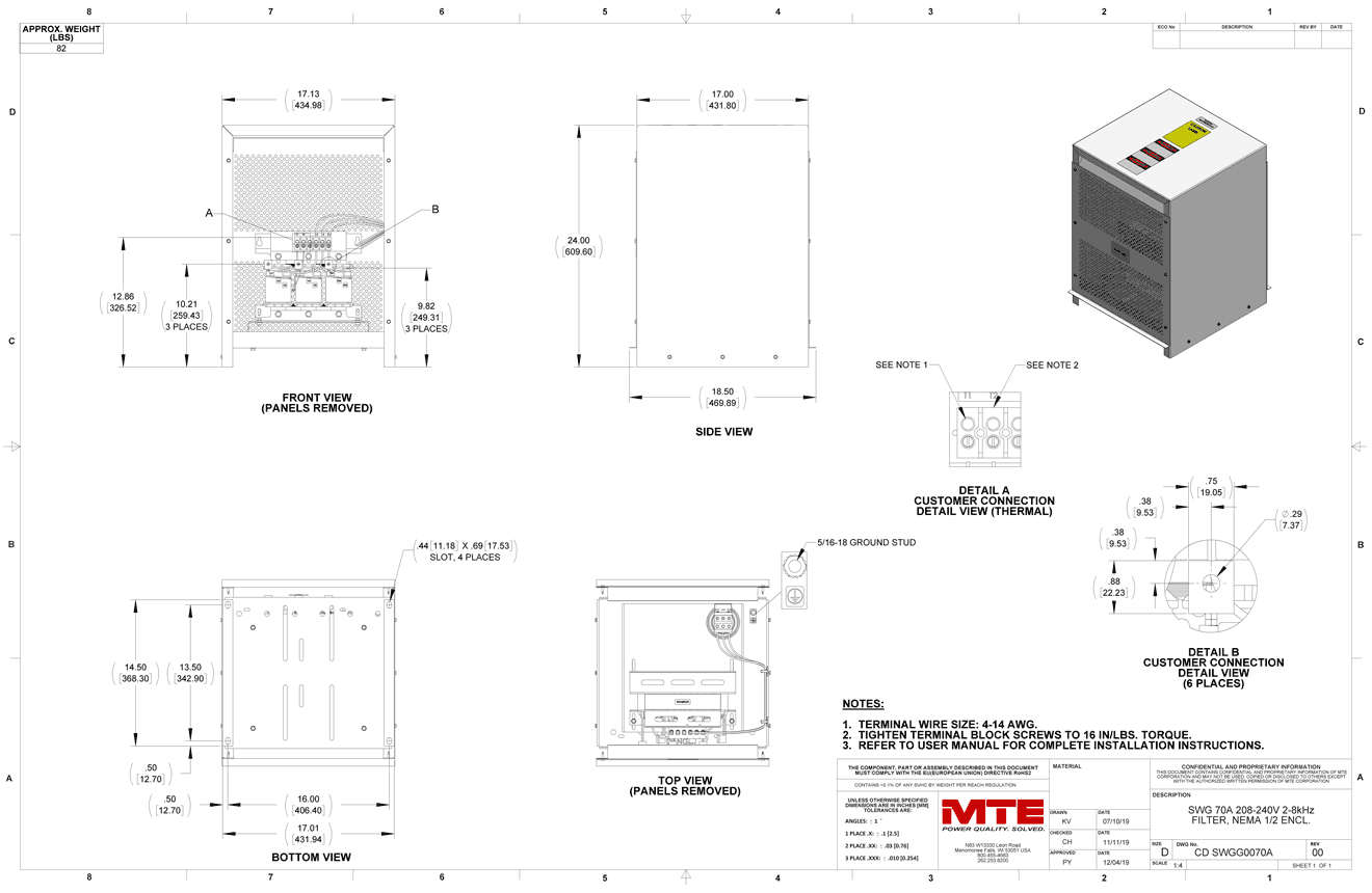 Drawings of MTE SineWave Guardian Filter SWGG0070A | 208V_240V | 70 Amp | 60HZ | NEMA 1_2