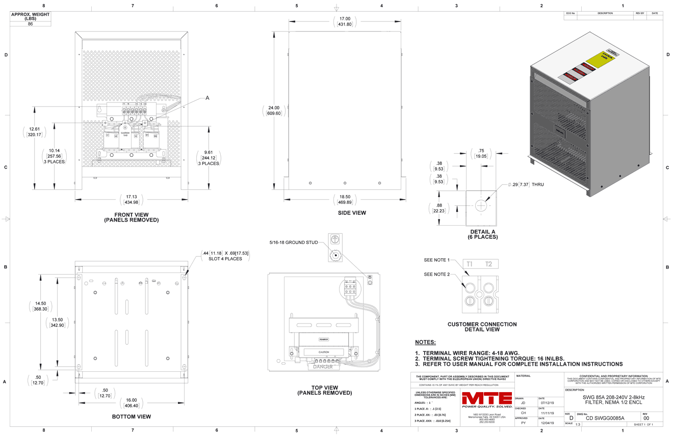 Drawings of MTE SineWave Guardian Filter SWGG0085A | 208V_240V | 85 Amp | 60HZ | NEMA 1_2