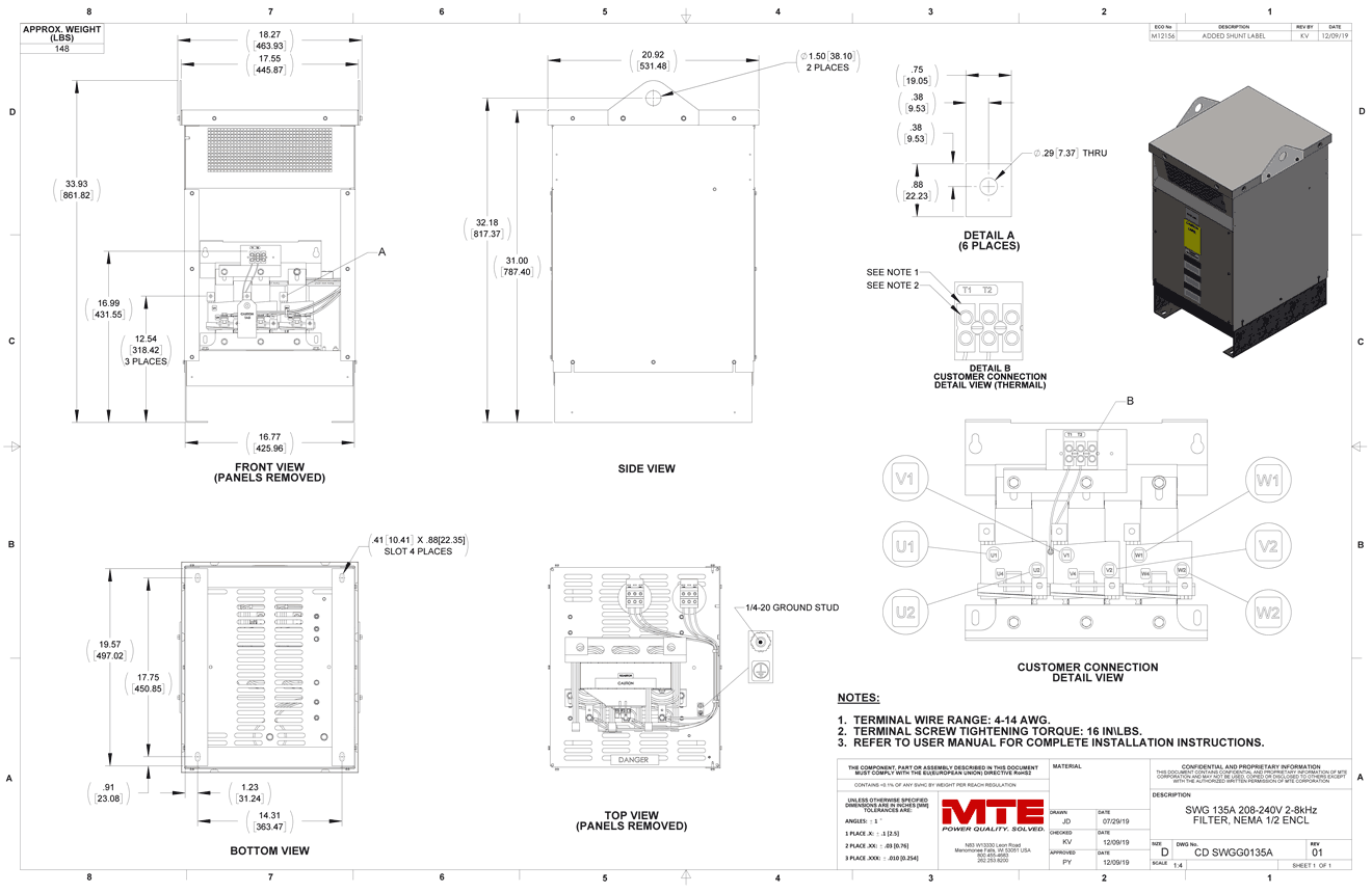 Drawings of MTE SineWave Guardian Filter SWGG0135A | 208V_240V | 135 Amp | 60HZ | NEMA 1_2