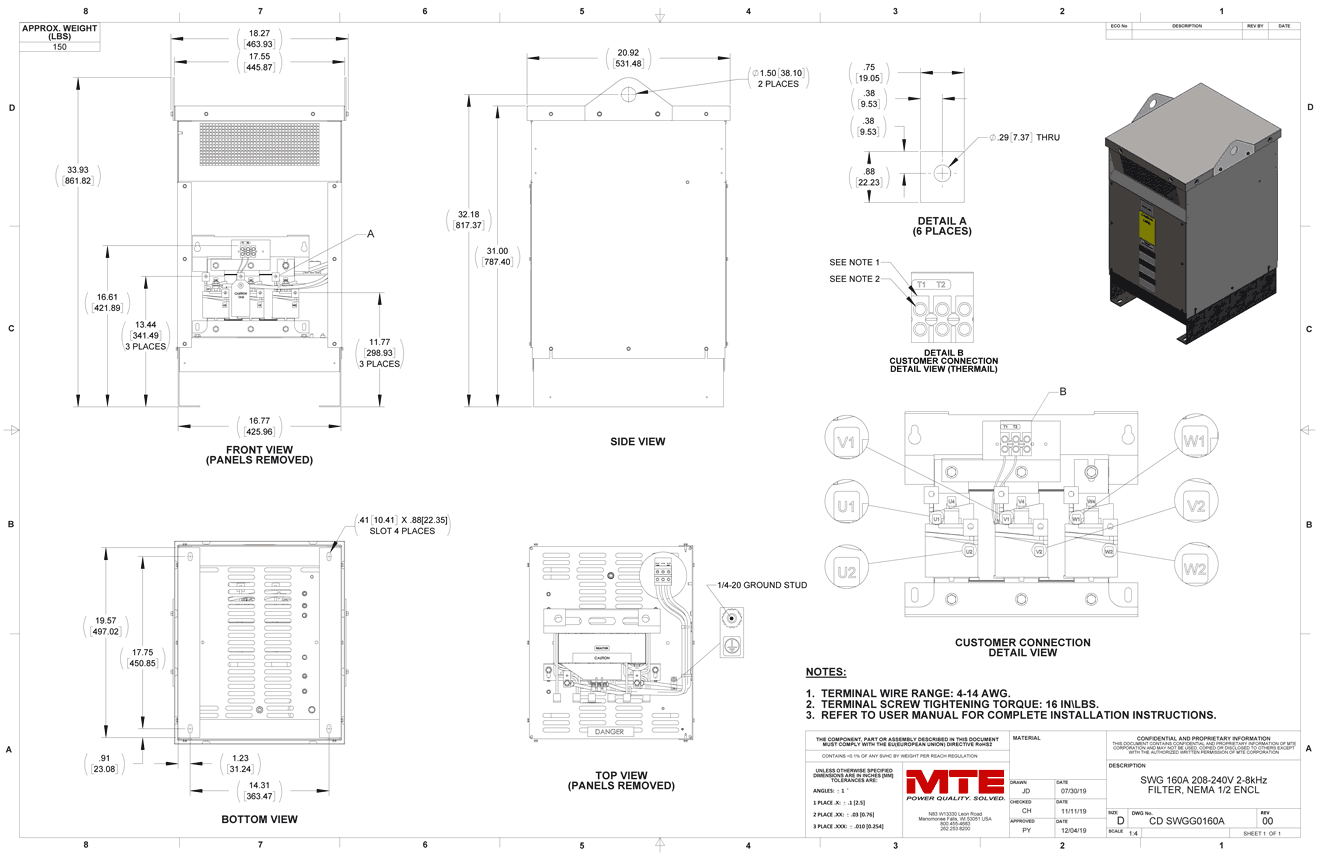 Drawings of MTE SineWave Guardian Filter SWGG0160A | 208V_240V | 160 Amp | 60HZ | NEMA 1_2