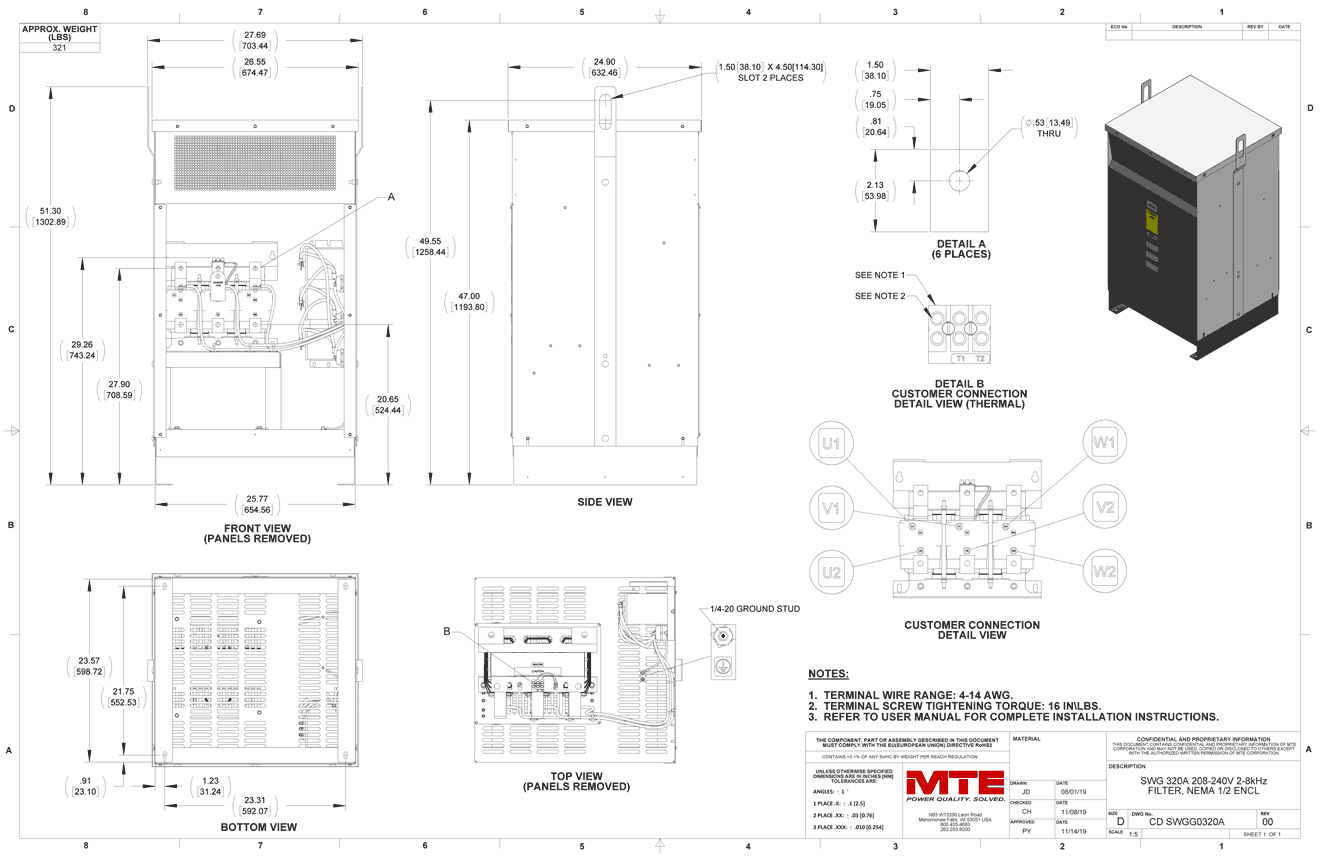 Drawings of MTE SineWave Guardian Filter SWGG0320A | 208V_240V | 320 Amp | 60HZ | NEMA 1_2