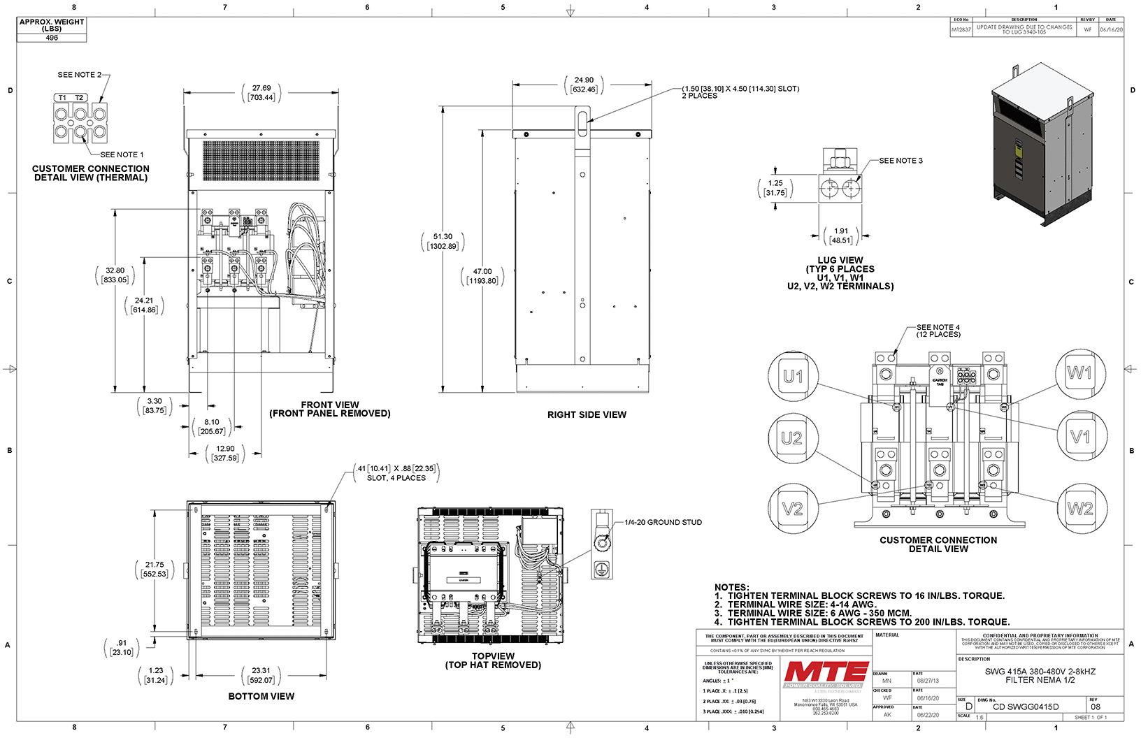 Drawings of MTE SineWave Guardian Filter SWGG0415D | 480V | 415 Amp | 60HZ | NEMA 1_2