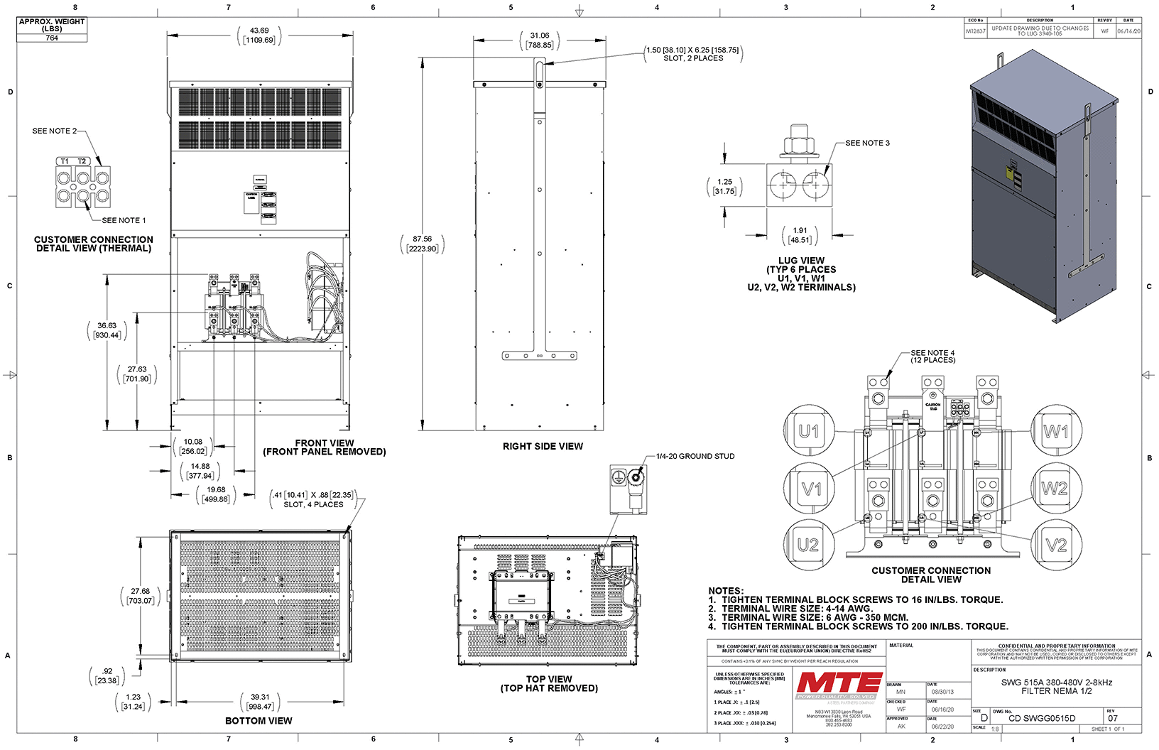 Drawings of MTE SineWave Guardian Filter SWGG0515D | 480V | 515 Amp | 60HZ | NEMA 1_2