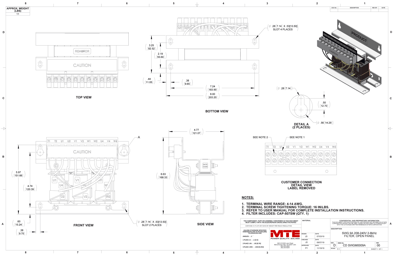 Drawings of MTE SineWave Guardian Filter SWGM0009A | 208V_240V | 9 Amp | 60HZ | Modular