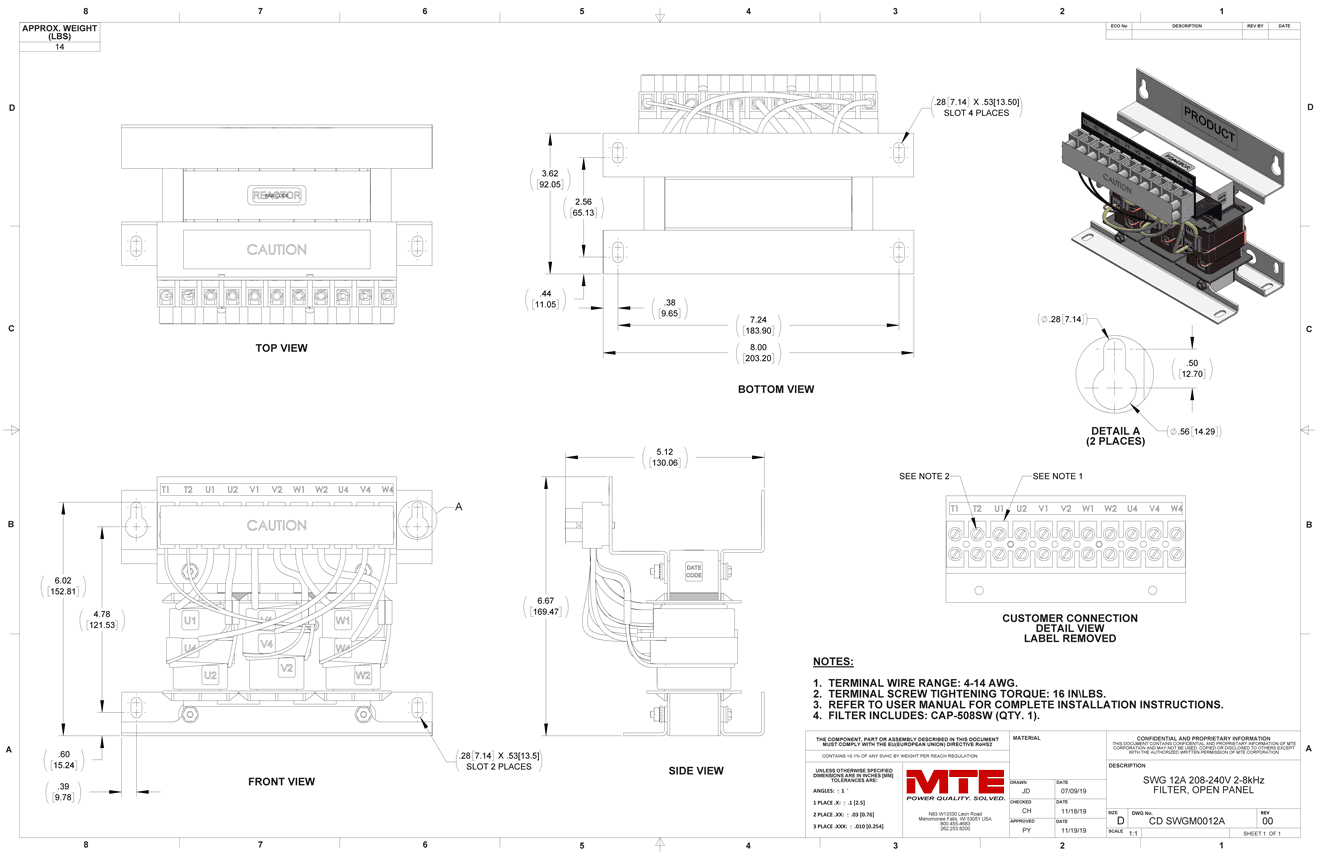 Drawings of MTE SineWave Guardian Filter SWGM0012A | 208V_240V | 12 Amp | 60HZ | Modular