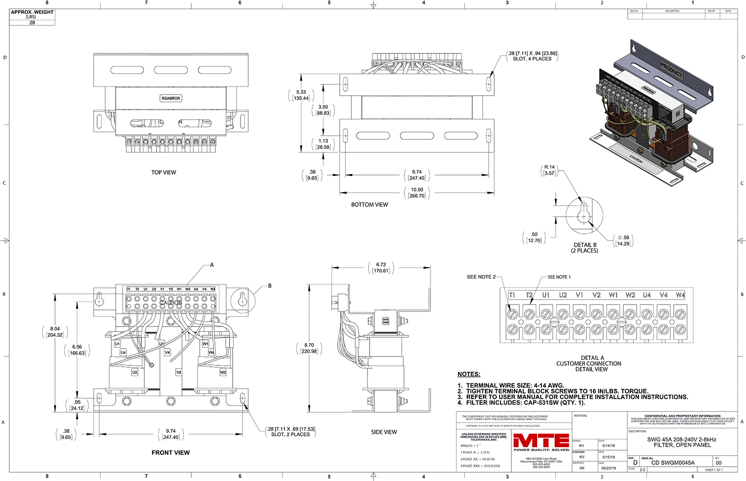 Drawings of MTE SineWave Guardian Filter SWGM0045A | 208V_240V | 45 Amp | 60HZ | Modular